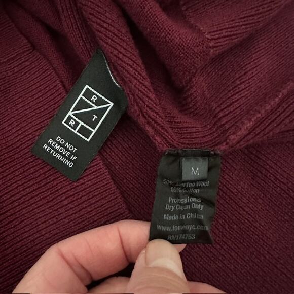 Tome NYC Merino Wool Blend Neck Cut-Out Turtleneck Burgundy Sweater Medium - Picture 10 of 11